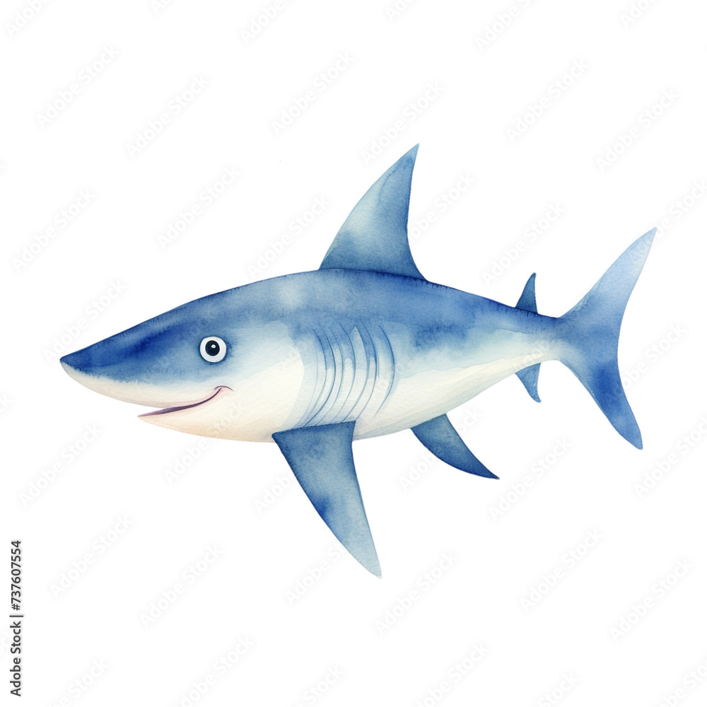 Blue Watercolor Cute Shark Illustration