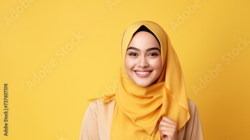 Close-up portrait of attractive cheery modest muslimah wearing yellow hijab isolated over bright yellow color background © Nataliya