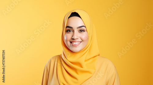 Close-up portrait of attractive cheery modest muslimah wearing yellow hijab isolated over bright yellow color background © Nataliya
