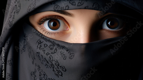 Portrait of an arabic young woman with her beautiful blue eyes in traditional islamic cloth niqab