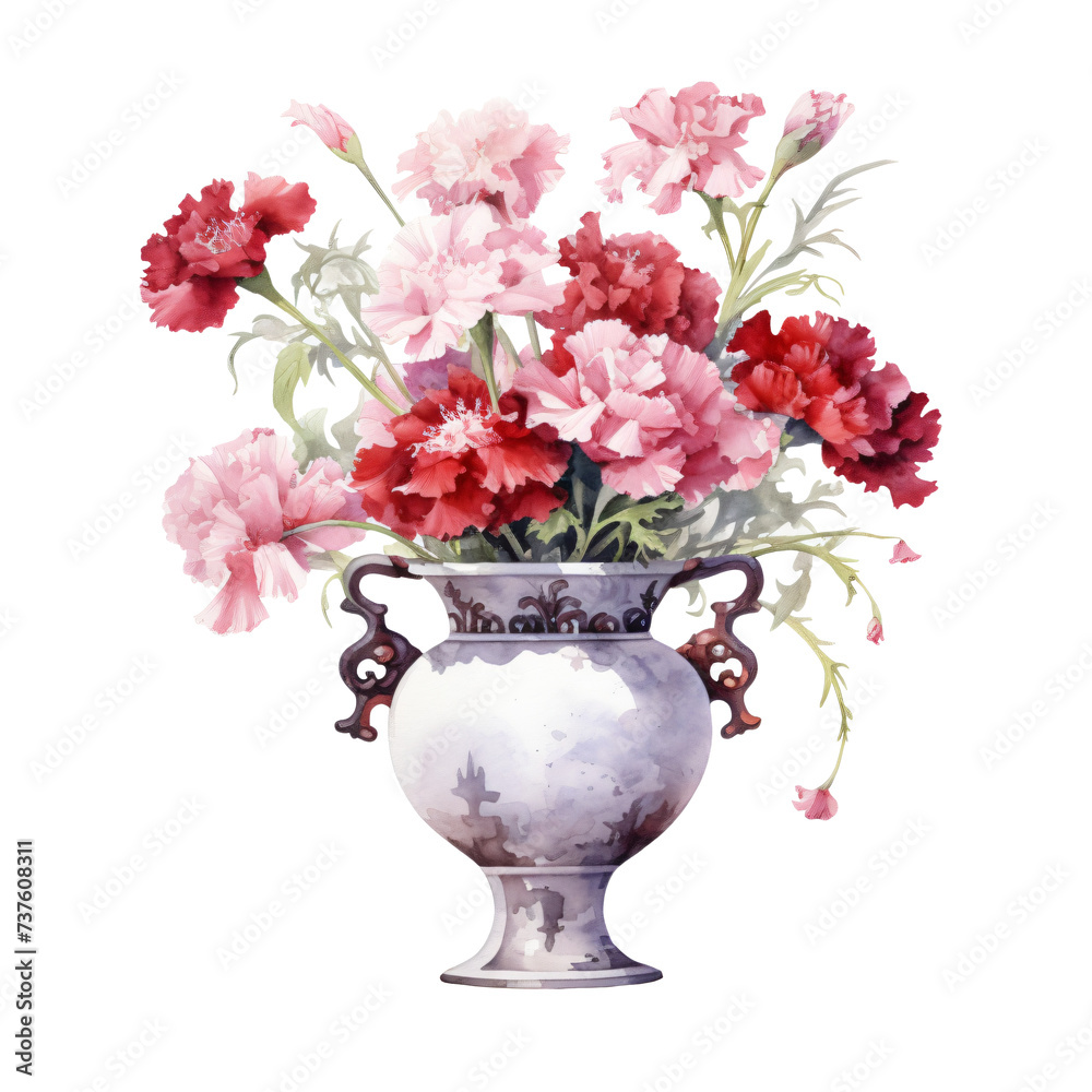 Watercolor Carnations in Ornate Vase