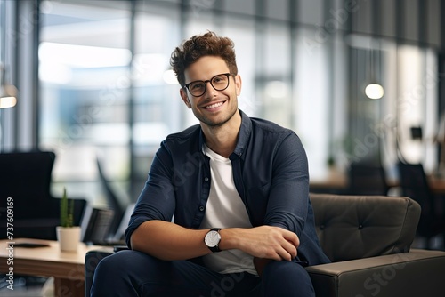 Young confident entrepreneur sitting in modern office smiling and looking at camera - generative ai