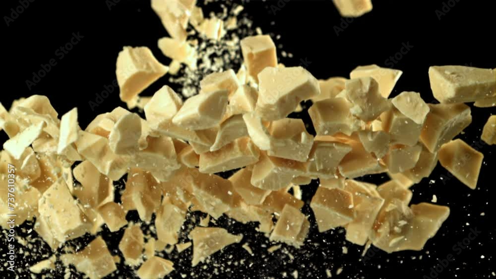 Pieces of white chocolate fly up and fall down. Filmed on a high-speed camera at 1000 fps. High quality FullHD footage Pieces of white chocolate fly up and fall down. Filmed on a high-speed camera at 1000 fps. High quality FullHD footage