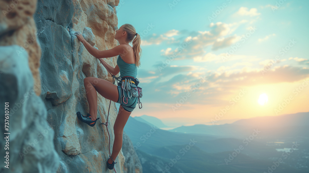 person climbing on a mountain, showcasing the resilience and perseverance needed to overcome obstacles - obrazy, fototapety, plakaty 