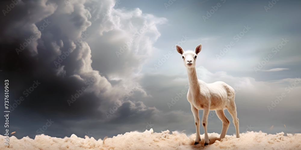 Fototapeta premium Alpaca with hair cut with a cloudscape background, ai generated.