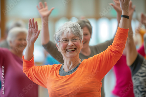 A group of joyful seniors engaged in a vibrant dance class