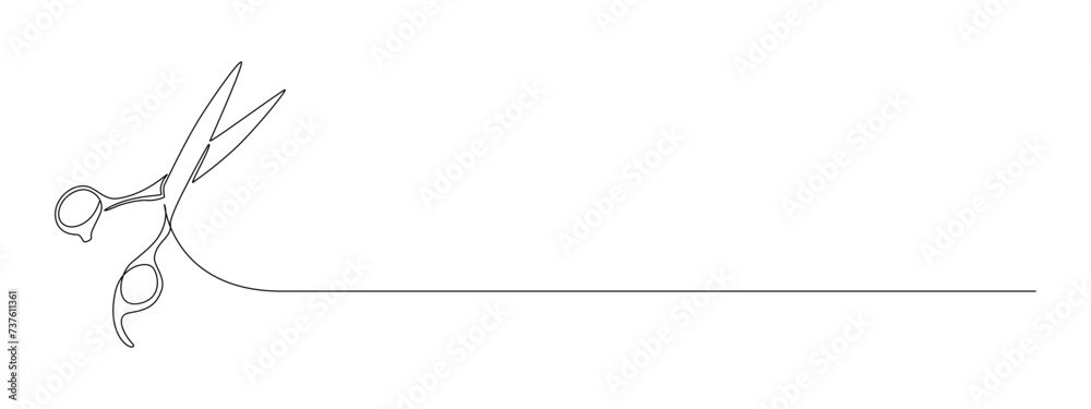 One continuous line drawing of hair scissors. Minimalistic web banner and elegance logo of barber shop and hairdressing salon in simple linear style. Editable stroke. Doodle vector illustration