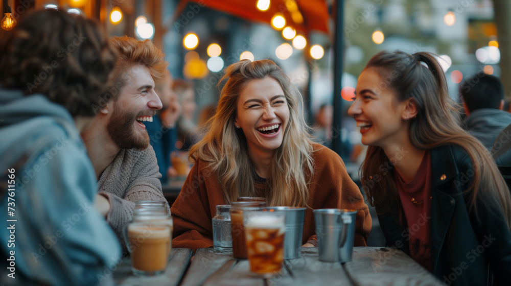 friends' laughter at stylish outdoor cafe