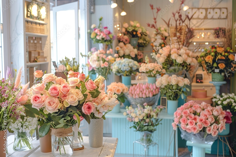 A charming flower shop filled with bright light showcases elegant bouquets of roses and mixed blooms in soft pastel colors