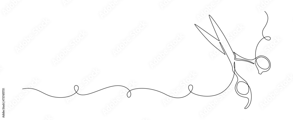 Hair scissors of one continuous line drawing. Minimalistic web banner and modern logo of barber shop and hairdressing salon in simple linear style. Editable stroke. Doodle contour vector illustration Hair scissors of one continuous line drawing. Minimalistic web banner and modern logo of barber shop and hairdressing salon in simple linear style. Editable stroke. Doodle contour vector illustration