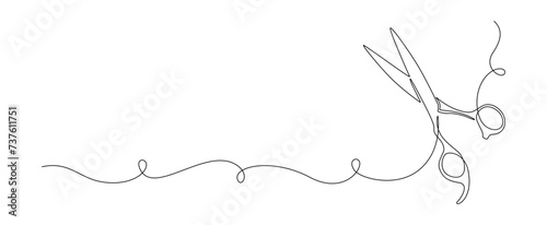Hair scissors of one continuous line drawing. Minimalistic web banner and modern logo of barber shop and hairdressing salon in simple linear style. Editable stroke. Doodle contour vector illustration