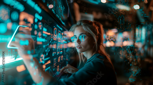 A young woman engages with a futuristic holographic computer interface in a tech environment.