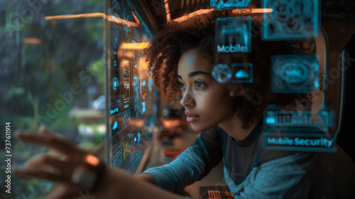 Young female technician intently monitors data on a futuristic holographic display interface.