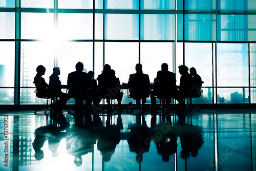 Silhouette of a business team in a meeting at a boardroom with city skyline background.