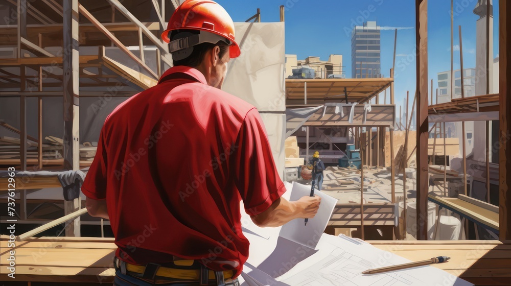 A foreman of a building construction contractor is looking at a work site, wearing a red shirt and a white hard helmet seen from behind.	

