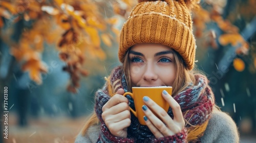 girl drinking hot coffee outdoors © Nataliya
