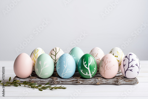 colorful easter eggs on wooden table for easter postcard, generative AI
