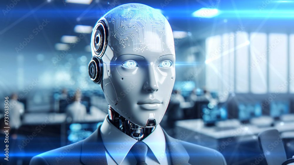 humanoid robot Futuristic humanoid robot is On a office background 3D animation humanoid robot Futuristic humanoid robot is On a office background 3D animation