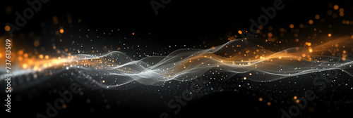 Abstract banner illustration with white and golden glowing light waves and particles on a black background. Copy space for text.