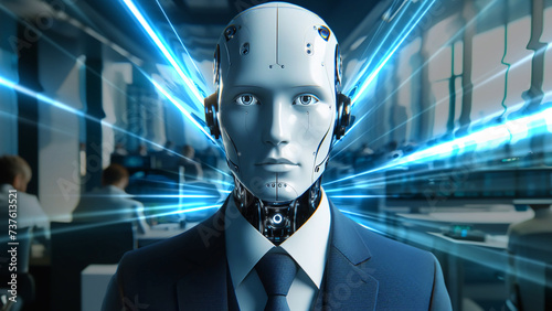 Artificial intelligence Futuristic humanoid robot is  On a office background 3D animation