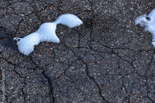 Closeup of cracked and crumbling asphalt with snow photo