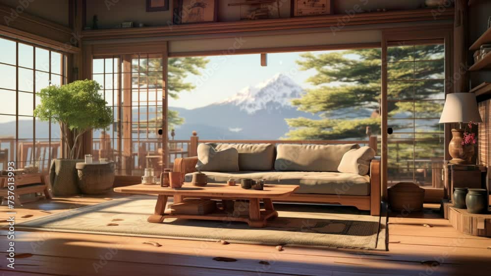 Traditional Japanese Living Room Featuring Tatami Mats, Low Table, Soft ...