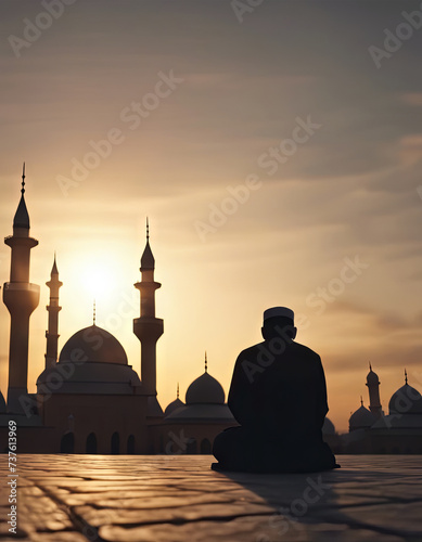 A Man is Sitting and Praying With a Sunset in the Background for Eid al-Fitr Background