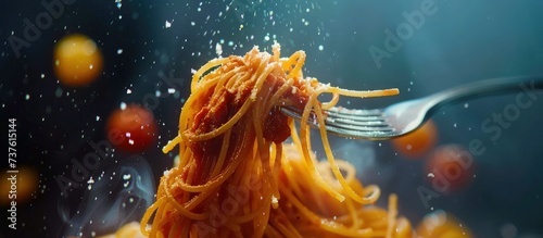 Close up tasty spaghetti pasta with a fork on blur background. AI generated image photo