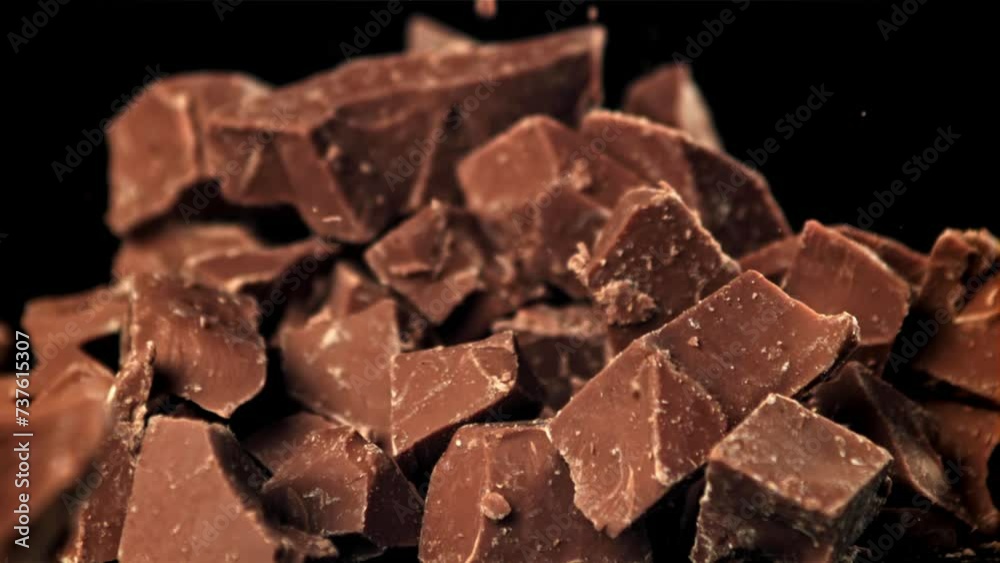 Chunks of chocolate fly up and fall down. Filmed on a high-speed camera at 1000 fps. High quality FullHD footage Chunks of chocolate fly up and fall down. Filmed on a high-speed camera at 1000 fps. High quality FullHD footage
