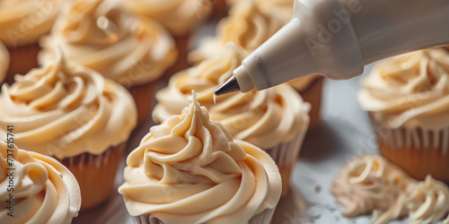 Close-Up of Piping Cream on Cupcakes nozzle with sweet cream swirl. Pastry bag with cream, frosting cupcakes. photo