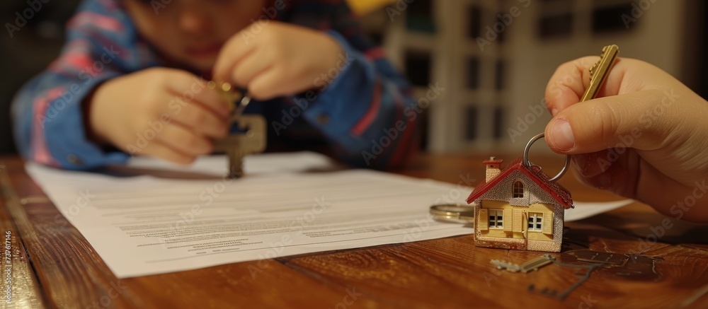 Young couple with key and tiny toy house on table for deal buying a new property. AI generated image