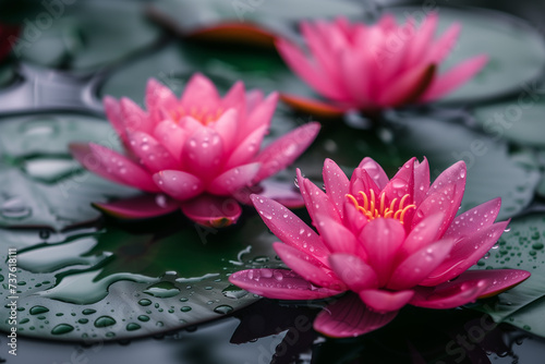 Blooming pink water lilies on pond.