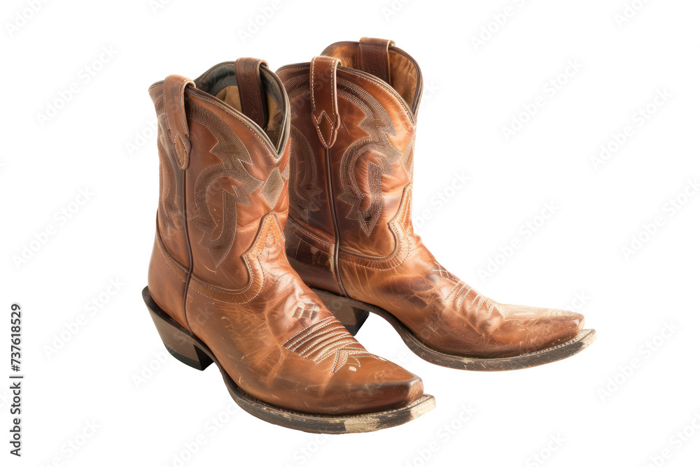 Traditional brown leather cowboy boots with stitched detailing, cut out - stock png.