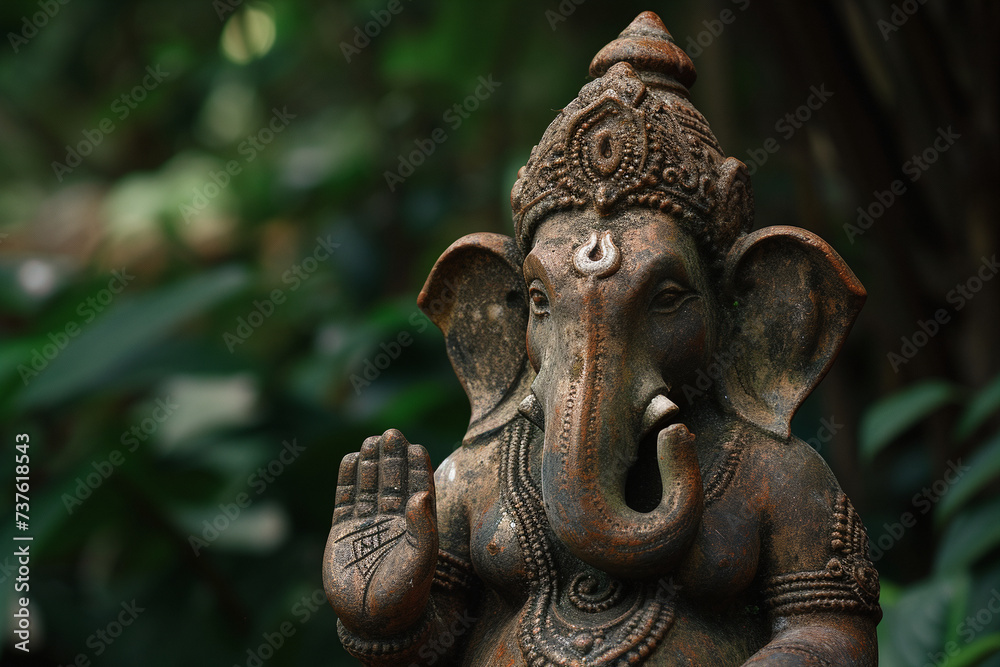 Closeup of Ganesha statue. Lord Ganesha, Ganesh Chaturthi, Ugadi or Gudi Padwa celebration. Hindu religion and ethnic concept. Festival composition for banner, greeting card, poster with copy space