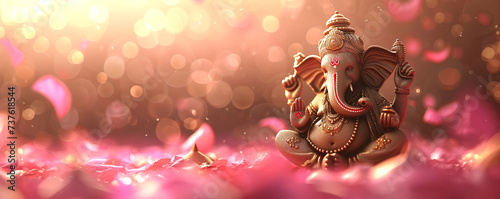 Ganesha statue on bokeh background with copy space. Lord Ganesha, Ganesh Chaturthi, Ugadi or Gudi Padwa celebration. Hindu religion and ethnic concept. Festival composition for banner, greeting card