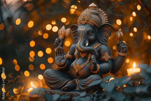 Ganesha statue on bokeh background with copy space. Lord Ganesha  Ganesh Chaturthi  Ugadi or Gudi Padwa celebration. Hindu religion and ethnic concept. Festival composition for banner  greeting card