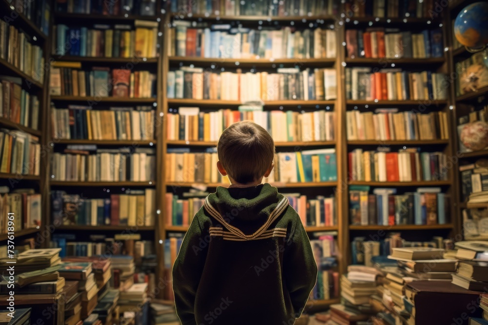 a child looking for a book, surrounded by shelves filled with books a child looking for a book, surrounded by shelves filled with books