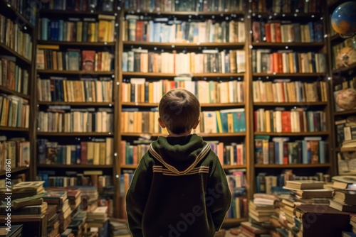 a child looking for a book, surrounded by shelves filled with books