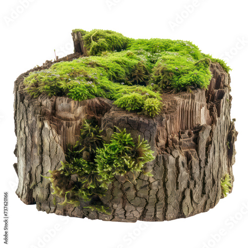 Old tree stump covered with green moss in natural forest setting, cut out - stock png.