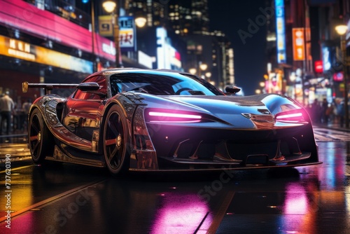 Futuristic vehicle with purple automotive lighting cruising city street at night © JackDong