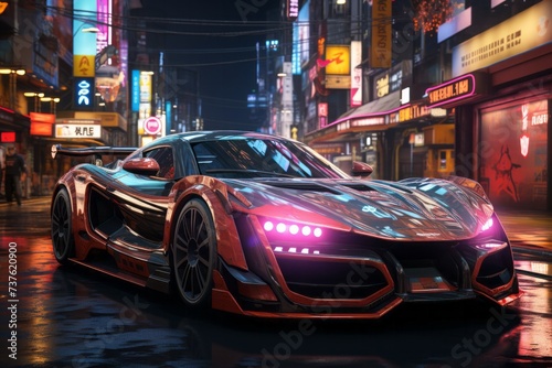 a sports car is driving down a wet city street at night