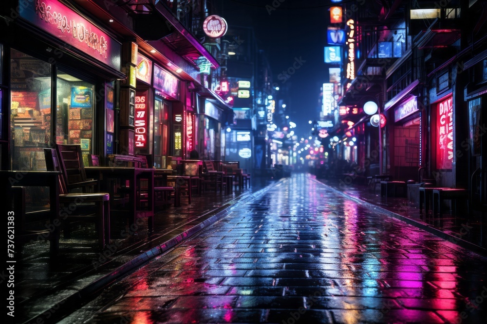 a rainy night in a city with neon lights reflected in the wet street