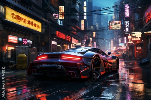 a futuristic car is driving down a wet city street at night