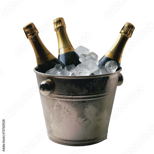 Elegant champagne bottles chilled in ice bucket for celebration, cut out - stock png.