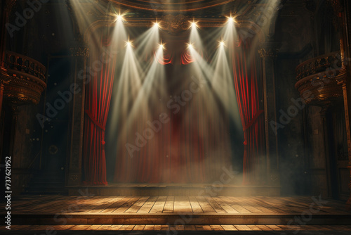 Theater stage with red curtains and spotlights. Theatrical scene in the light background