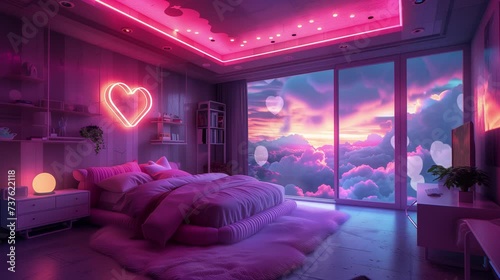 vtuber, lo-fi, bedroom, neon lights, cozy ambiance, digital art, streamer background, animated room, aesthetic, heart-shaped, pink room, virtual background, streaming, chill vibes, aesthetic bedroom, 