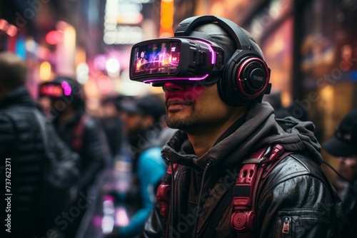 a man is wearing a virtual reality headset and headphones