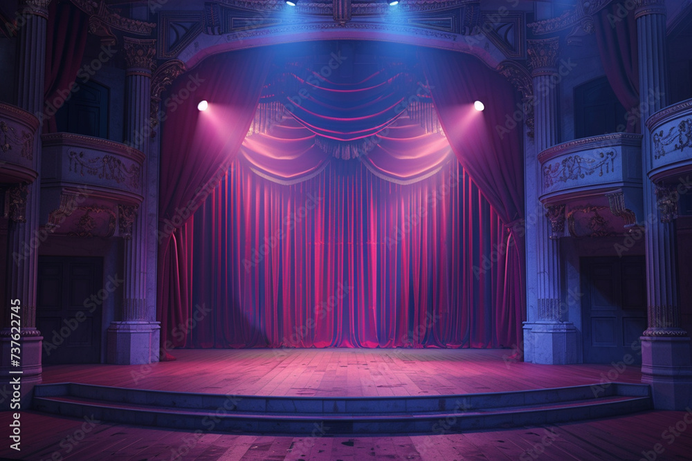 Theater stage with red curtains and spotlights. Theatrical scene in the light background - obrazy, fototapety, plakaty 