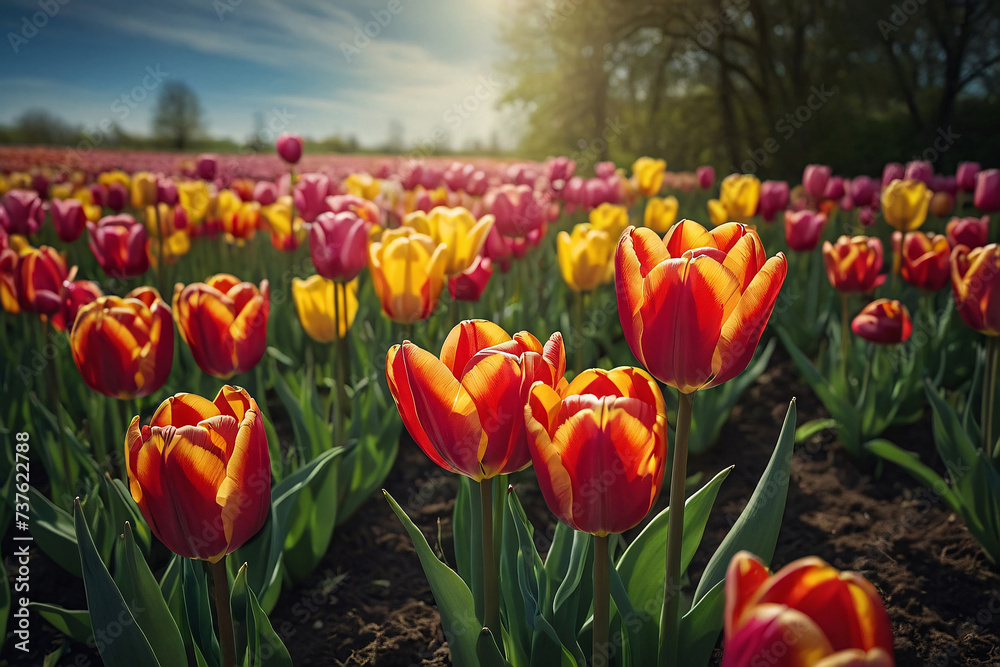 Colorful tulip flowers bloom in the spring  garden. Nature background. Generative AI - obrazy, fototapety, plakaty 