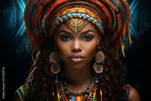 A radiant portrait of an African woman adorned in colorful tribal attire, with intricate patterns and beaded jewelry, exuding strength and grace.